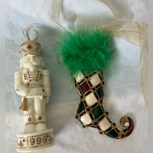 Christmas Ornament Bundle 1999 Porcelain Nutcracker & Enamel Elf Stocking